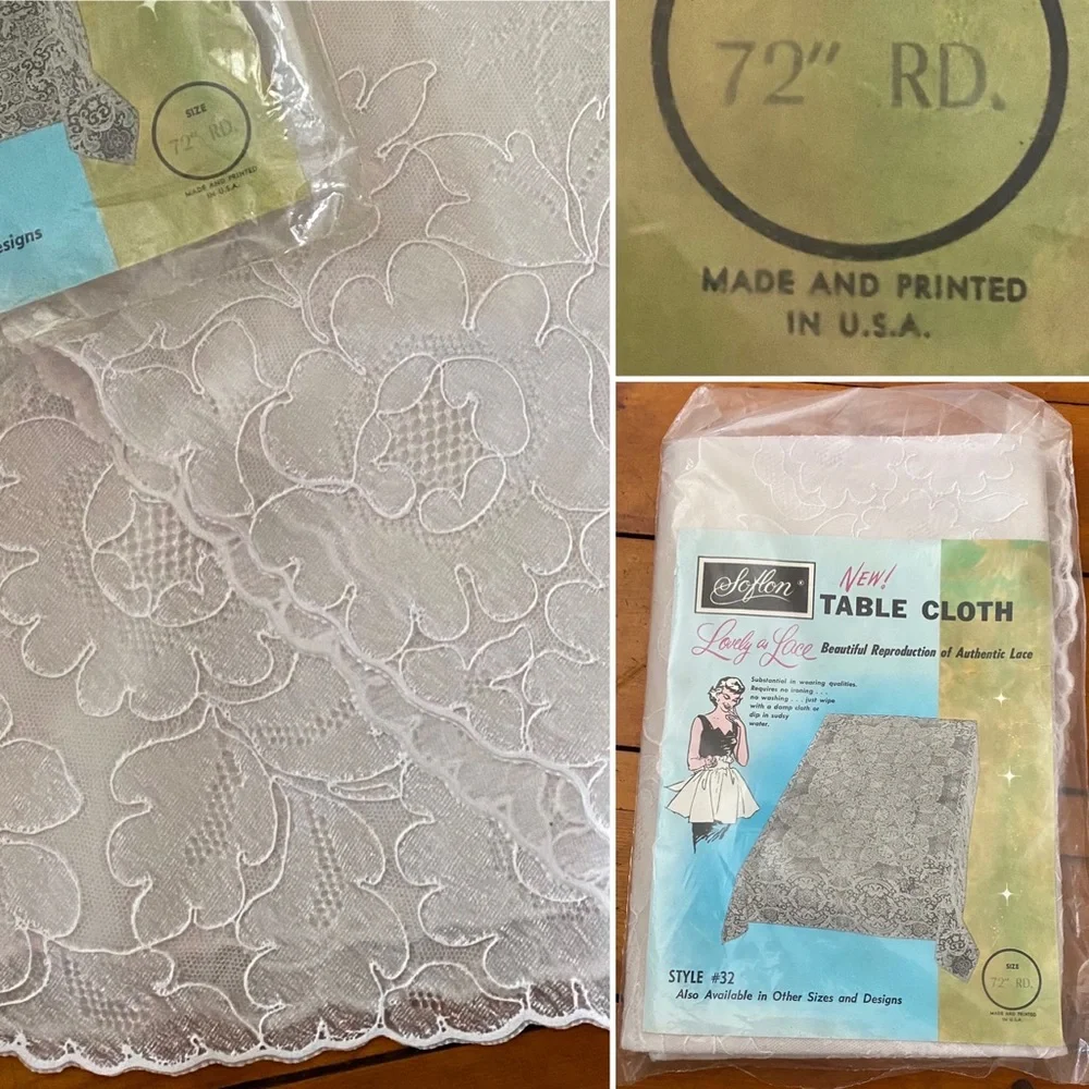 NIP Vintage 72” Round Tablecloth Soflon Reproduction of Authentic Lace